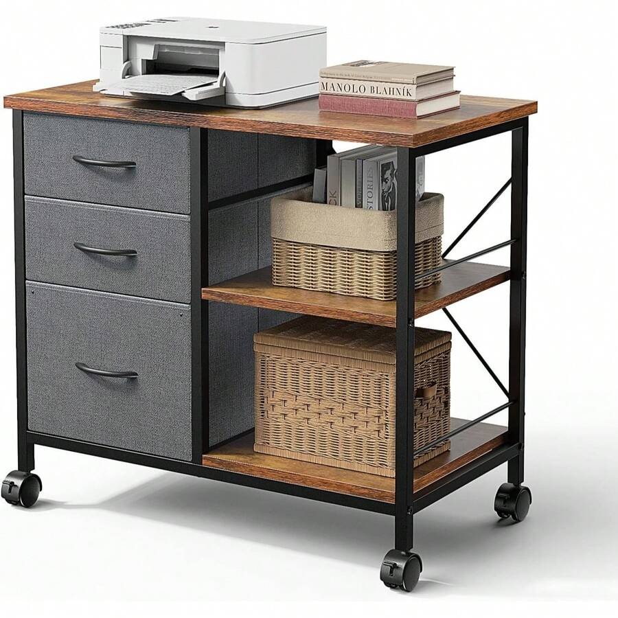 Printer Stand - スイートクリスピー 3段モバイルファイルキャビネット、収納付きプリンタースタンド、引き出しと背もたれ付きオフィスデスク、耐荷重110ポンド