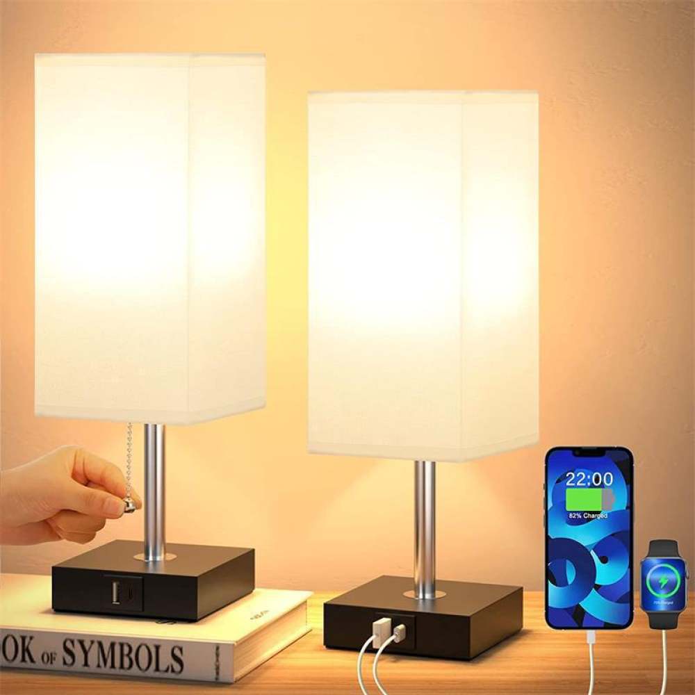Desk Lamp - モダンなファブリックシェードのデスクランプ。タッチ操作で調光可能。ベッドサイドテーブルライト。USB充電式。ミニマルなデザインのナイトランプ。寝室や家庭での使用に最適。