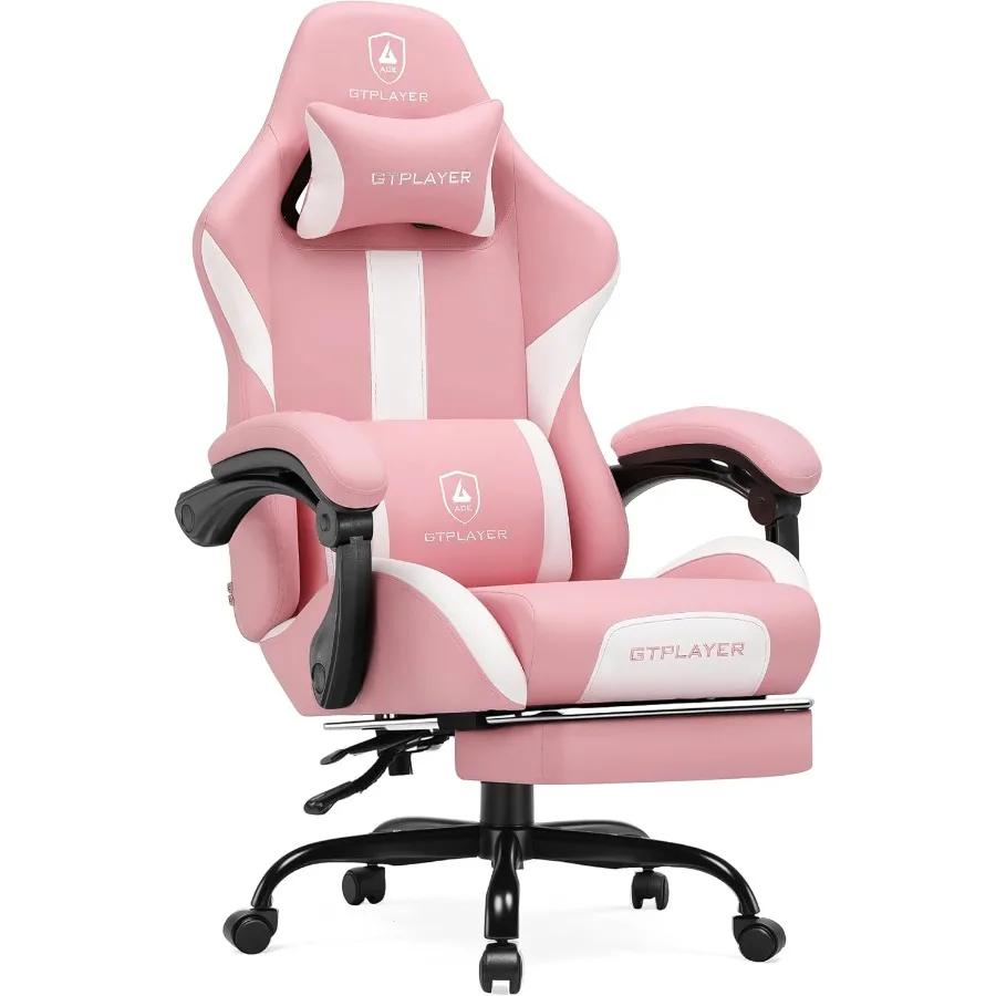 Office Chair Cushion - フットレスト付き、ポケットコイルクッションを使用したゲーミングチェア。人間工学に基づいた高背もたれで、自宅のオフィスやデスクでの使用に最適。PUレザー製、ピンク色。