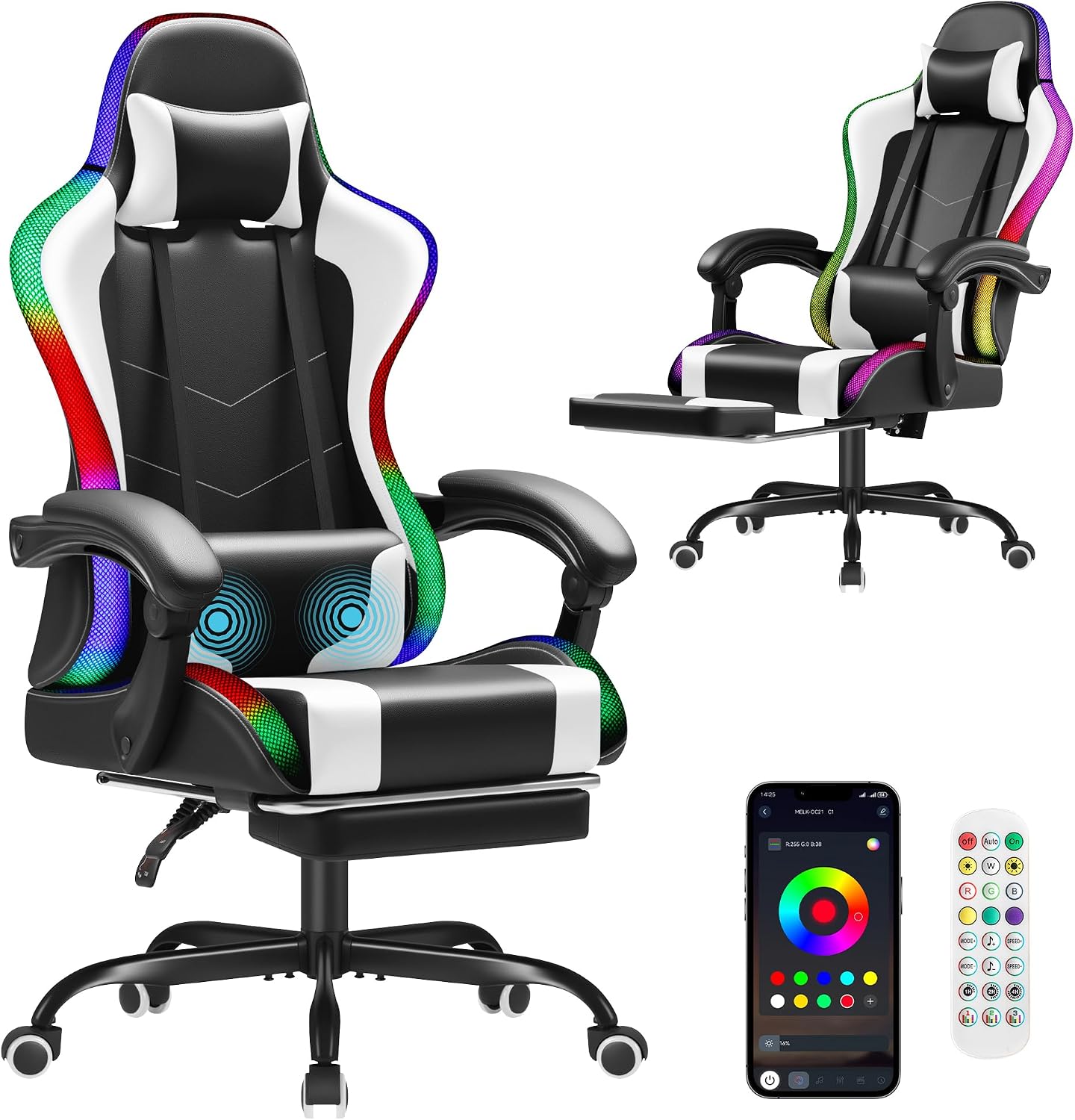 Office Chair - Homall ゲーミングチェア、エルゴノミックPCチェア、マッサージ機能付きランバーサポート、RGBライト、アイボリー