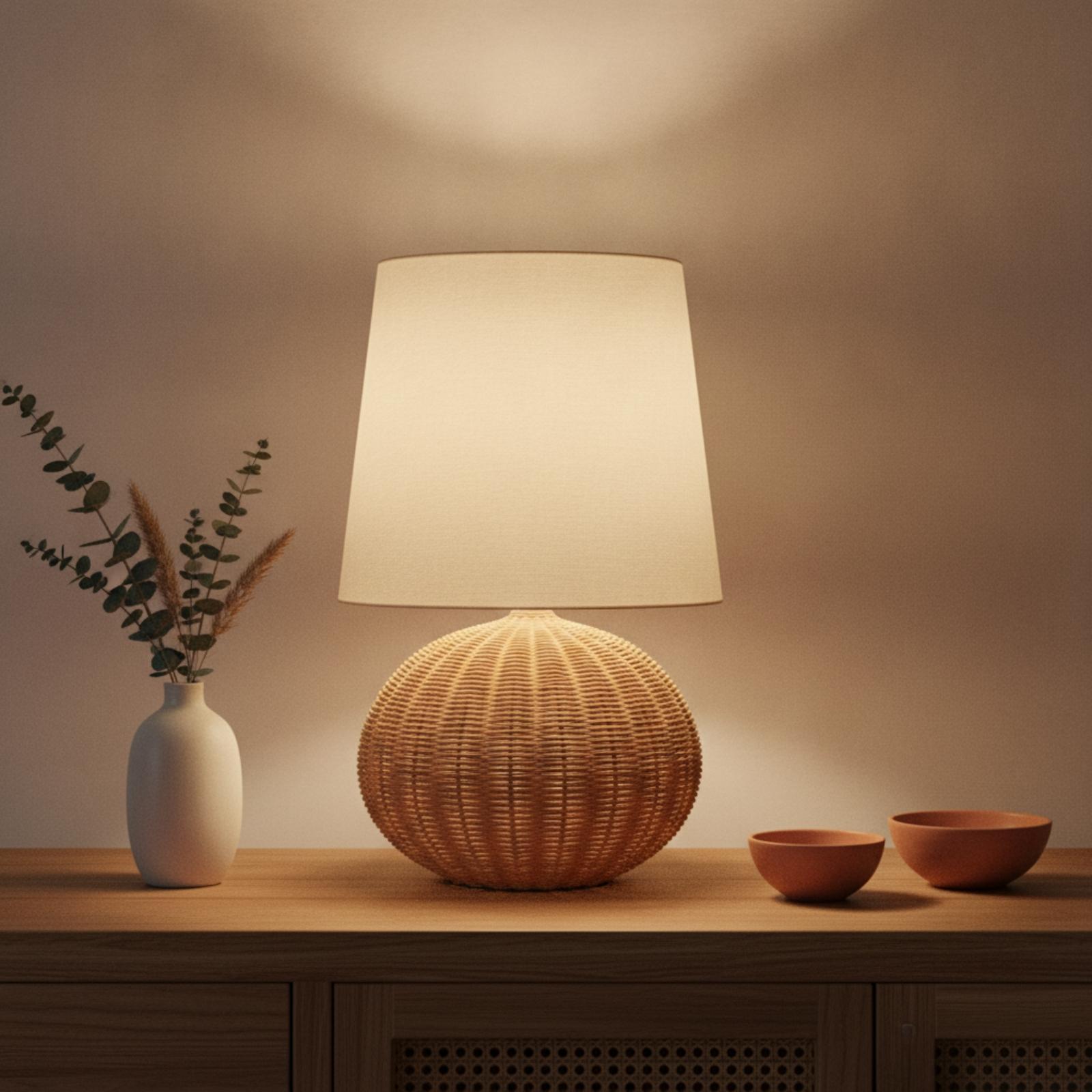 ベッドサイドランプ ラタンベース ファブリックシェード ナイ - Desk Lamp のレビューと価格